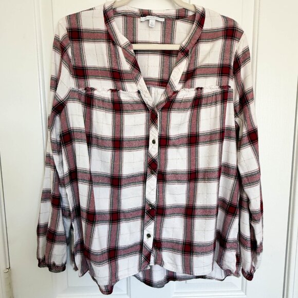 Womens Top New Directions White Red Black Plaid Button Up Size Large - Picture 3 of 7